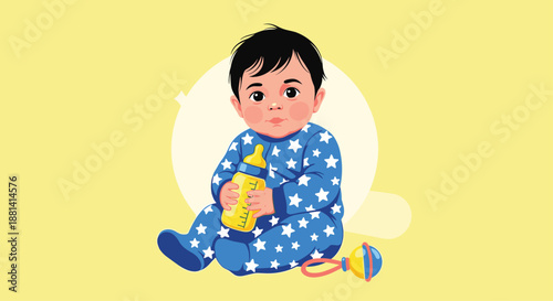 Adorable baby boy with black hair sitting comfortably, wearing blue pajamas with white star patterns and holding a yellow milk bottle with a toy.