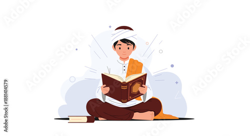 Young Muslim boy sitting cross-legged on the floor, focused on reading the holy Quran, wearing a traditional white turban and robe with a shawl.