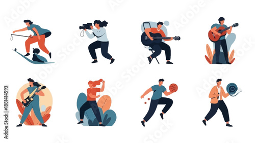 Vector illustration set of a cartoon group of people and athletes in action playing a fun team sports game like basketball or soccer for a business competition
