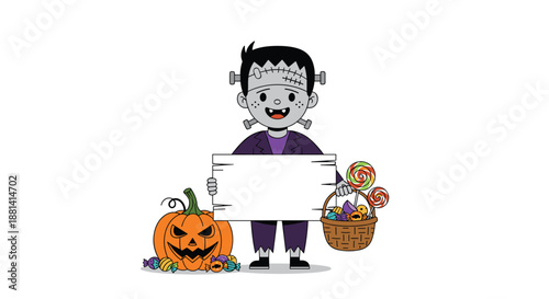 Child dressed as Frankenstein for Halloween, holding a blank wooden sign for messages, with a basket of treats and a pumpkin on the side.