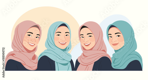Portrait of four smiling young Muslim women wearing different colored hijabs, showcasing friendship, diversity, and modern modest fashion.