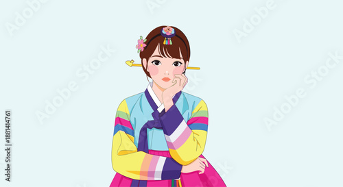 Beautiful young woman wearing a colorful traditional Korean Hanbok, posing thoughtfully with her hand on her chin against a light blue background.