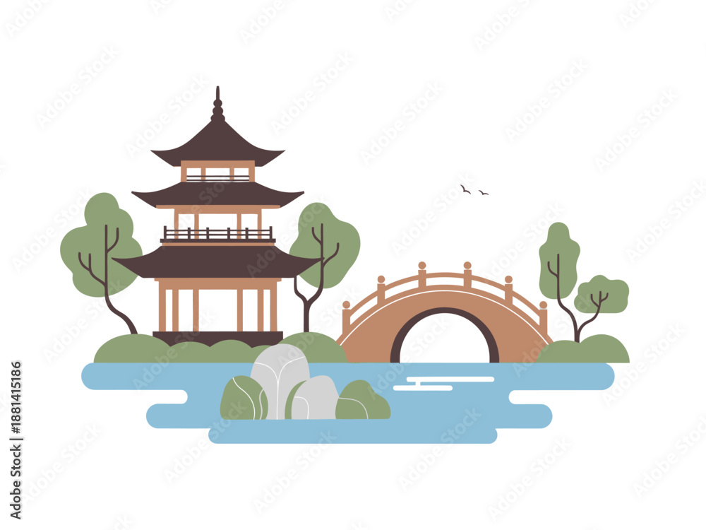 Fototapeta premium Oriental garden illustration with three-tier pagoda, arched bridge and calm lake