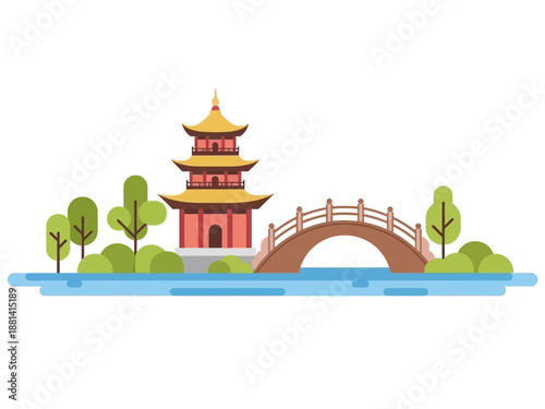 Minimalist gold pagoda and wooden bridge by the river in flat design style