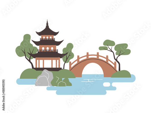 Chinese garden landscape with bonsai trees, pagoda, and curved bridge