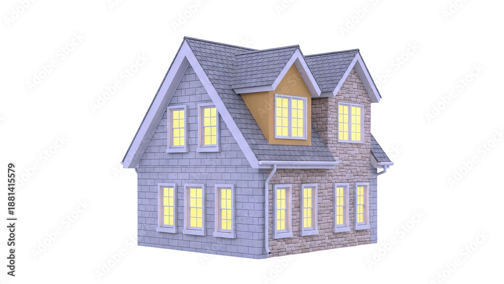 Fototapeta premium 3D Render of a Two-Story House with Stone and Shingle Exterior