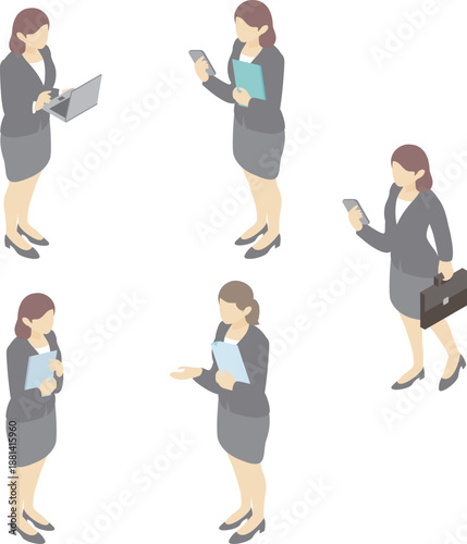 Isometric Businesswoman Illustration Set. Poses of Female Office Workers Using Laptops and Smartphones