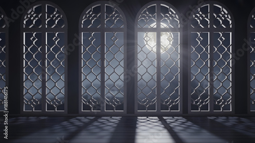 Full moon shines through large arched windows casting intricate shadows onto a dark indoor floor for atmospheric night scenes.