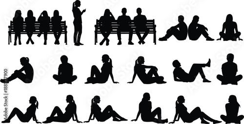 people sitting and relaxing silhouettes illustration, casual poses on benches ground and park scenes, lifestyle black vector isolated
