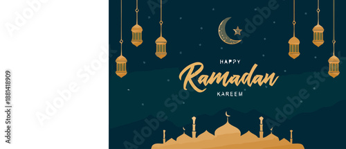 Ramadan Kareem festive greeting card with crescent moon and lanterns