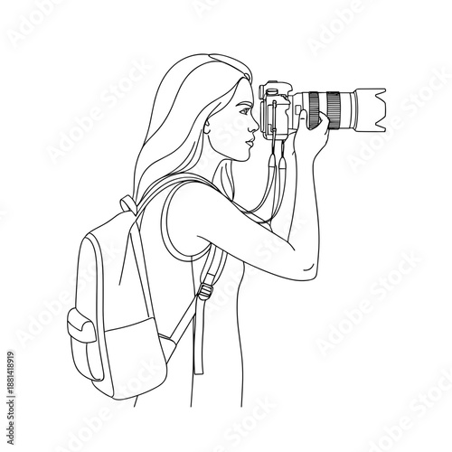 Woman Photographer with Backpack Line Art Illustration