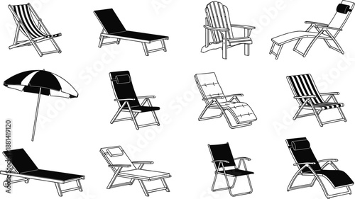 Beach Chair and Sun Lounger Collection Showing Outdoor Patio Furniture, Deck Chairs, Umbrella Icons, Black and White Vector Illustration Set for Summer Relaxation