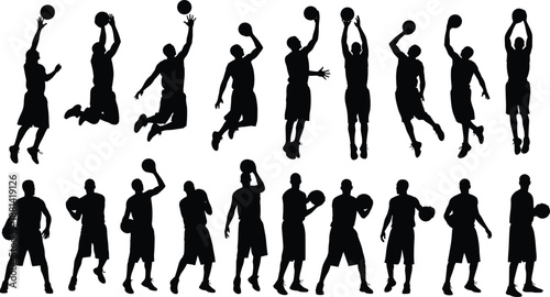 Basketball Player Silhouettes Showing Jump Shots, Shooting and Dribbling Poses, Dynamic Sports Action and Athletic Motion, Black and White Vector Illustration Set