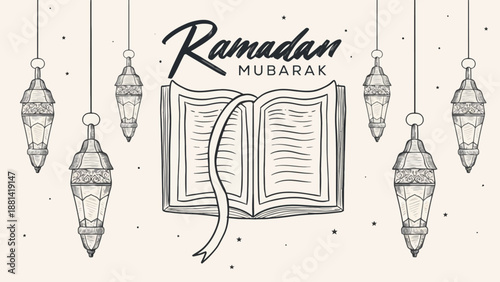 Ramadan Mubarak celebration with hanging lanterns and an open book