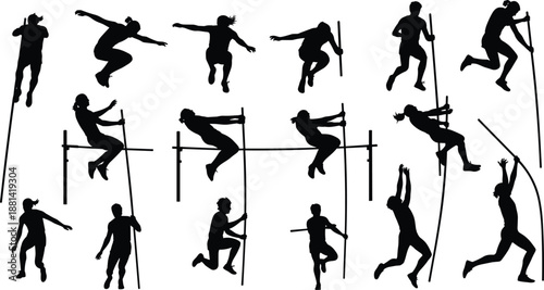 Pole Vault Athlete Silhouettes Showing Complete Jump Sequence, Track and Field Sports Motion, Training Action Poses, Black Figures on White Background
