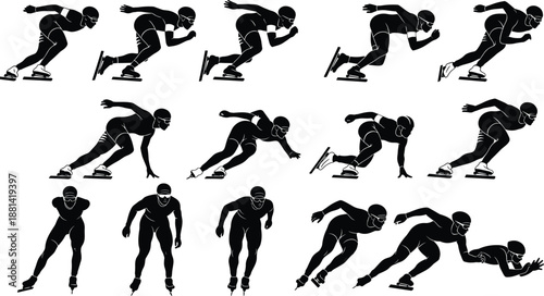 Speed Skating Athlete Silhouettes Showing Sprint Starts, Racing Turns and Dynamic Ice Motion, Winter Olympic Sports Action, Black and White Vector Illustration Set