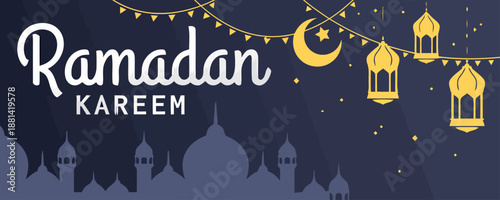 Celebrating Ramadan Kareem with crescent moon and lanterns in a festive night scene