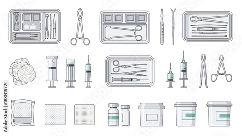 Medical instruments and supplies neatly arranged in trays and containers for surgical procedures in a clinical setting