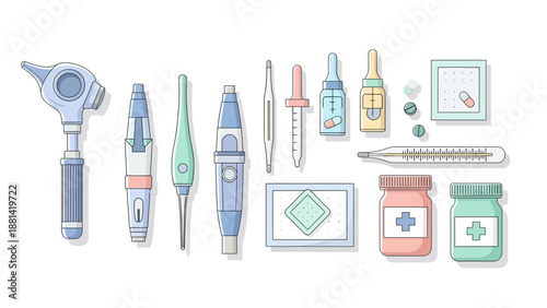 Medical equipment and medicine arranged neatly on a clean surface for healthcare professionals to diagnose and treat patients effectively in a clinical setting from a straightforward viewpoint.
