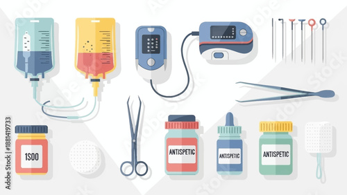 Medical equipment and supplies arranged neatly on a surface, showcasing various healthcare tools and medication