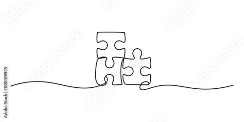 Continuous line art drawing of three puzzle pieces connecting together on a white background Vector, illustration