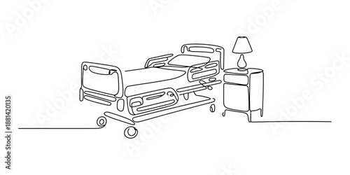 Continuous line drawing of a medical bed and nightstand for patient care Vector, illustration
