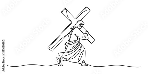 Jesus christ carrying the cross illustration in minimalist continuous line art style Vector, illustration