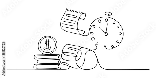 Continuous line art illustrating the connection between financial expenses and time management Vector, illustration