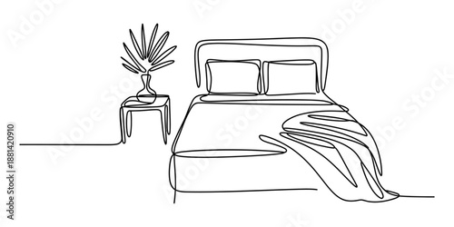 Minimalist continuous line art drawing of a cozy bedroom interior scene Vector, illustration
