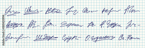 Doodle Fake Blue Signature Autograph Kit in Graph Paper Notebook Page Background. Doodle Random Handwritten Sample Name Sign Signature Set. Vector Handwriting Line Isolated Graphic Clipart