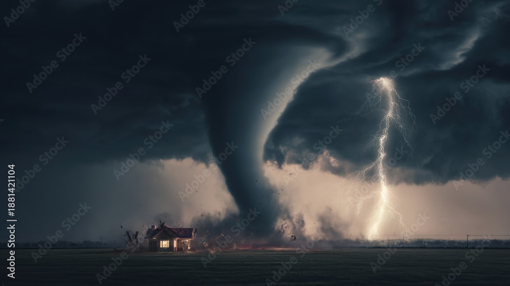 Obraz premium Dramatic Tornado and Lightning Display Over a Rural House: Nature's Fury Captured
