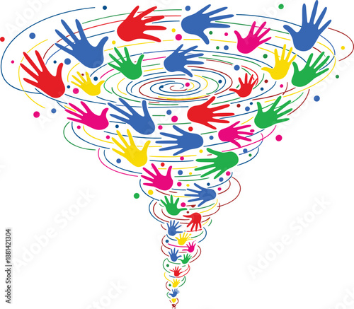 Abstract illustration of colorful hands swirling together in a spiral tornado representing diversity teamwork community support and unity concept for volunteering charity or social connection.