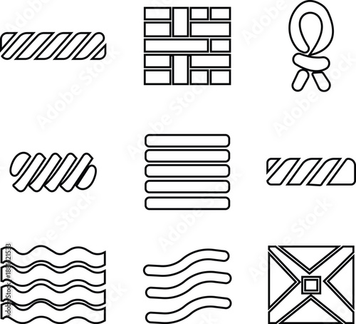 Arc twisted icon set, showing a curved spiral or twisted arc shape. linear pull, luminous thread Ideal for abstract design, motion graphics, technology visuals, lapps web interfaces, and infographics.