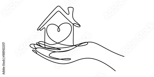 Continuous line drawing of a hand holding a house with a heart inside Vector, illustration