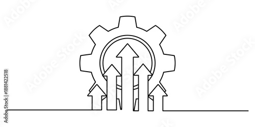Continuous line drawing of a gear and upward arrows symbolizing process improvement Vector, illustration