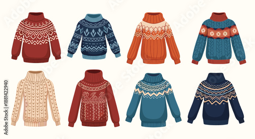 Assortment of cozy knitted winter sweaters with various patterns and colors including red, blue, and orange on a light background.