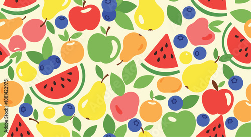 Vibrant seamless pattern featuring a colorful variety of fruits like watermelons, apples, pears, oranges, and blueberries.