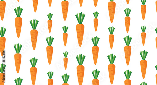 Seamless pattern featuring cute cartoon orange carrots with green leafy tops arranged in rows on a plain white background.