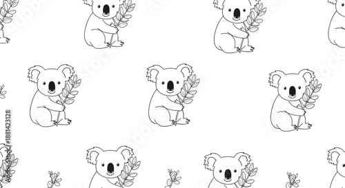 Simple black and white seamless pattern of adorable koala bears sitting and holding eucalyptus branches on a white background.