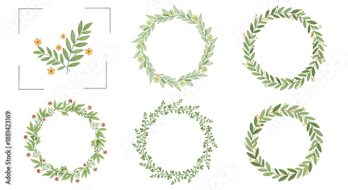 Collection of six different delicate floral and foliage wreaths in soft green and yellow tones, perfect for wedding invitations.