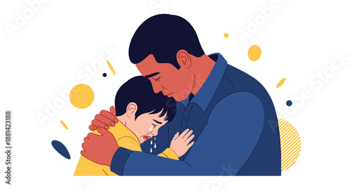 Emotional illustration of a father comforting his crying young son by embracing him tightly against a warm abstract background.