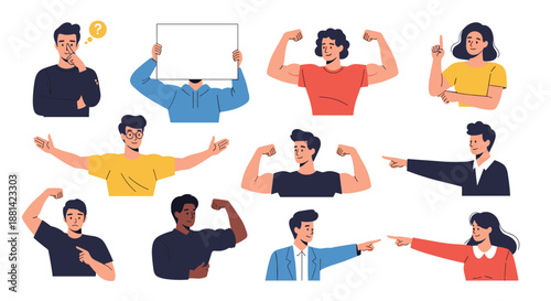 Diverse set of character poses showing people pointing, flexing muscles, thinking, and expressing various emotions and actions.