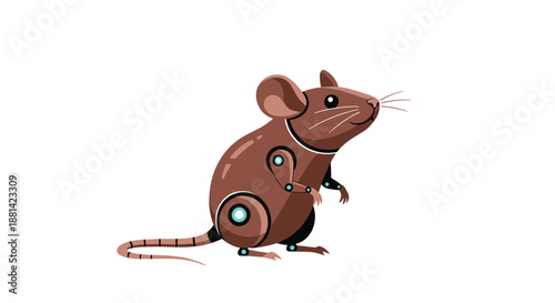 Side view illustration of a mechanical robotic mouse with copper tones and glowing blue joints against a white background.