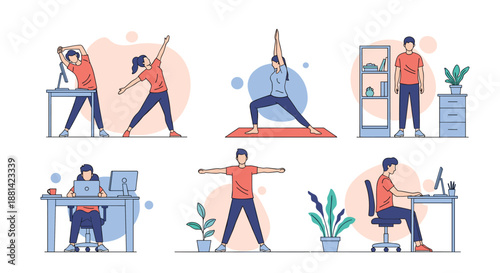 Series of illustrations depicting people maintaining a healthy work-life balance through office exercise, yoga, and stretching.