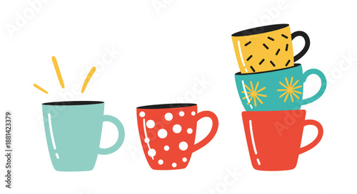Collection of colorful ceramic coffee mugs with various patterns like dots, stripes, and sunbursts isolated on white background.