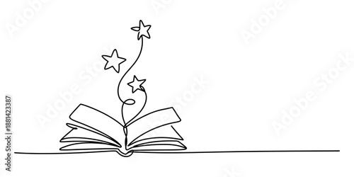 Continuous line art illustrating an open book and stars for knowledge and imagination Vector, illustration