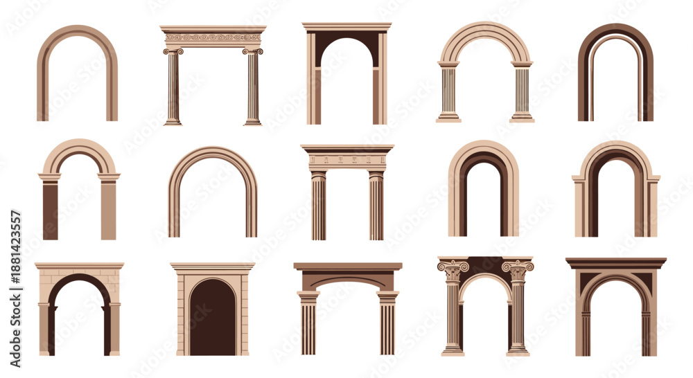 Obraz premium Set of architectural arch and pillar designs in various classic styles featuring different stone textures and column details.