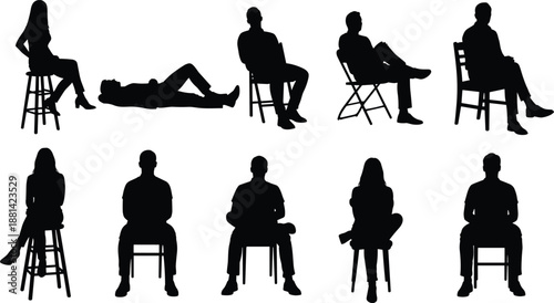 seated people silhouettes illustration, sitting poses on chairs and stools collection, relaxed human figures black vector isolated