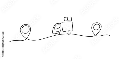 Single continuous line art drawing of a delivery truck moving along a route between two destination points Vector, illustration
