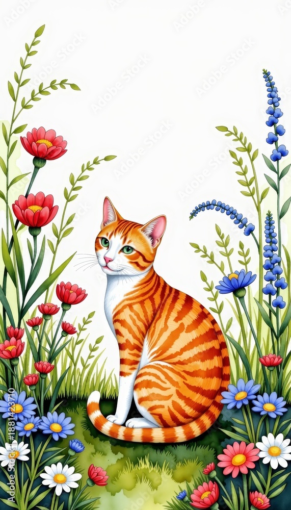 Fototapeta premium Illustrated Scene of Orange Tabby Cat Sitting Gracefully Amongst a Vibrant Array of Wildflowers in a Lush Garden Setting